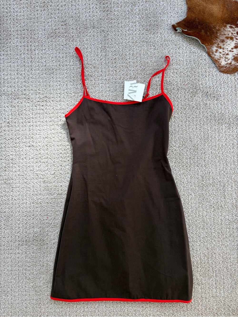 Zara Brown Slip Dress with Red Trim